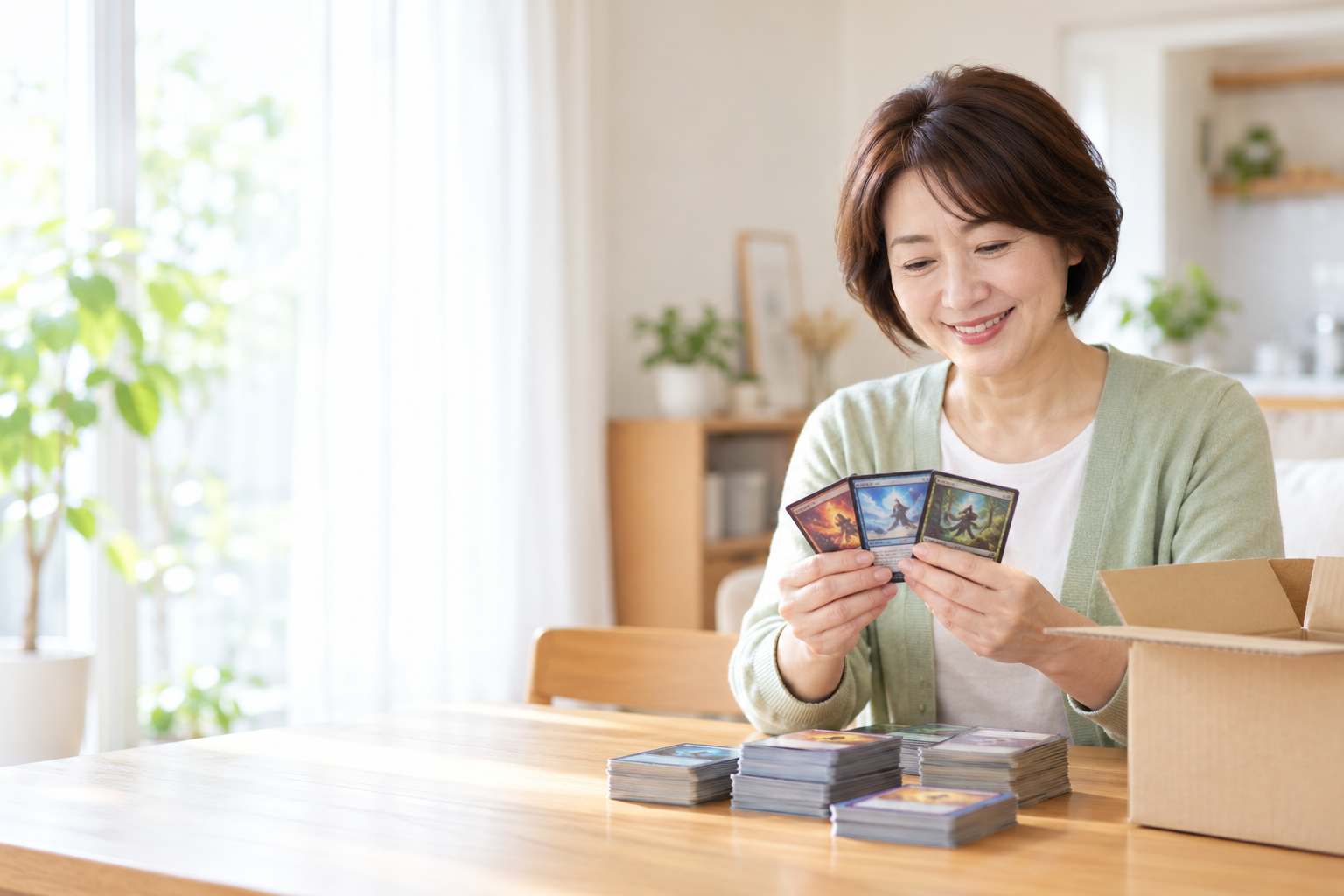 思い出のカードを見ながら、箱にまとめて整理する女性
